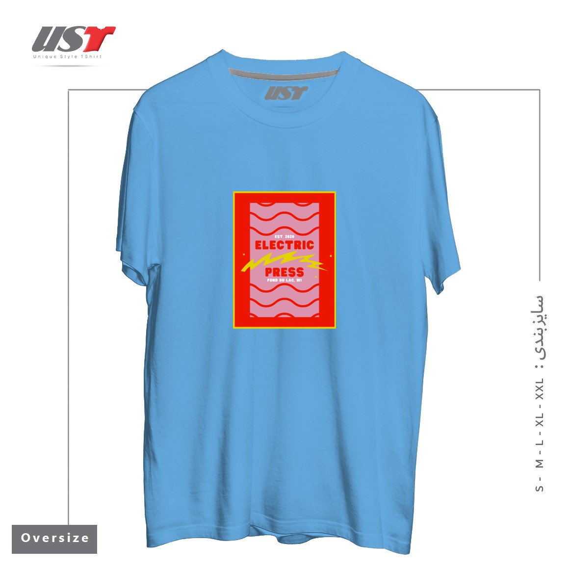 طرح ELECTRIC PRESS WAVE تیشرت اورسایزرنگ آبی روشن