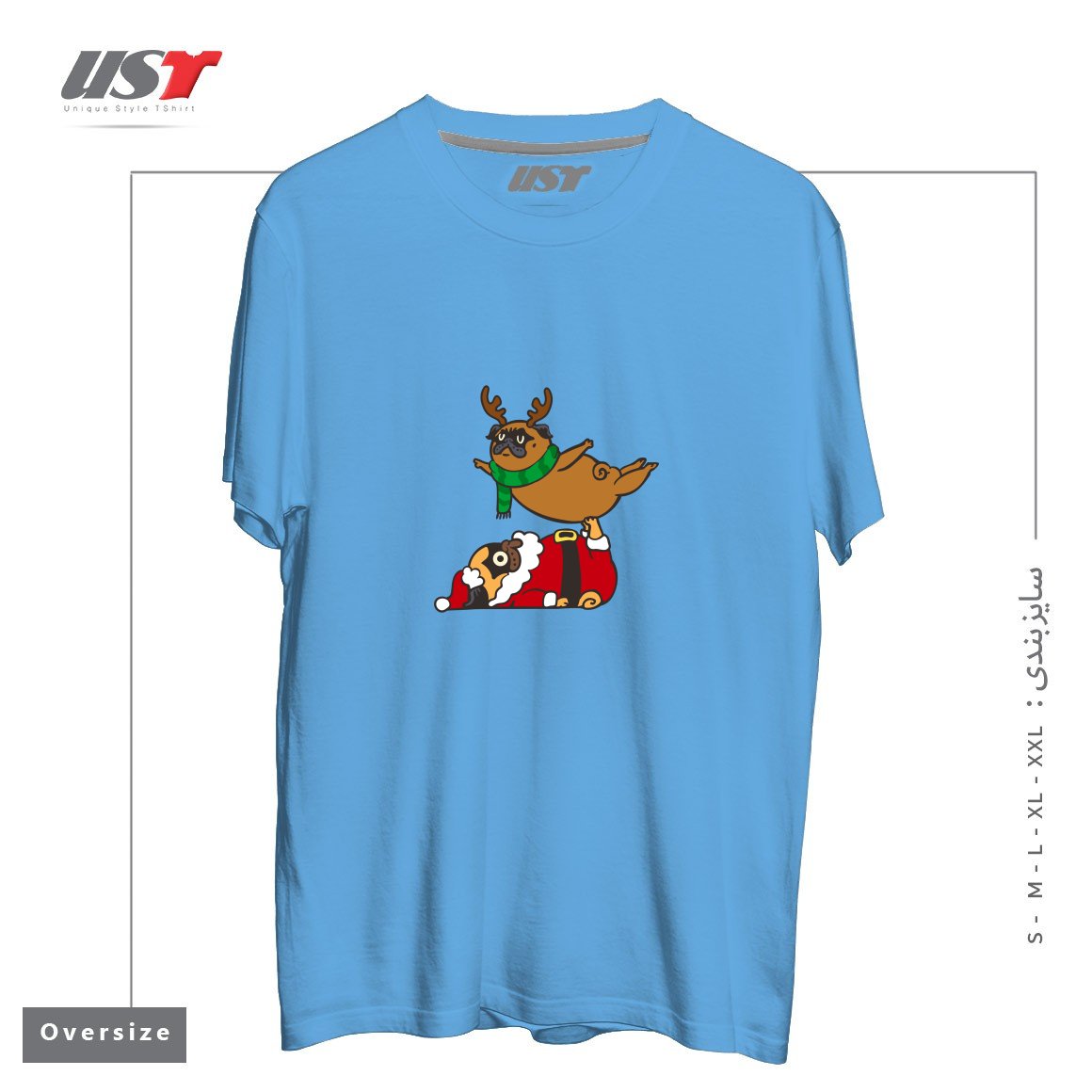 طرح ACROYOGA PUGS XMAS تیشرت اورسایزرنگ آبی روشن