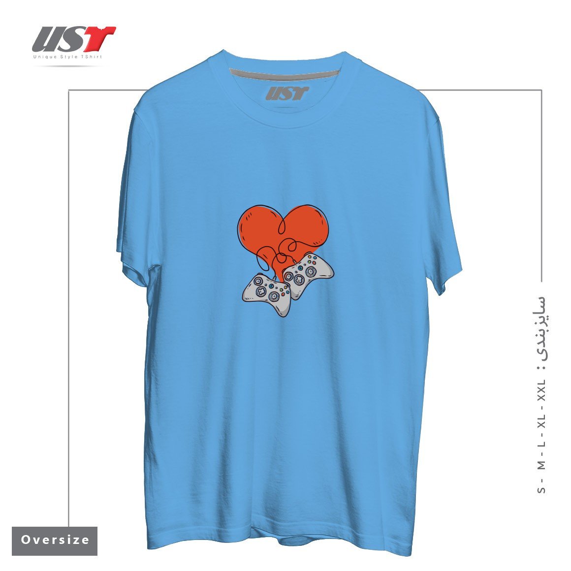 طرح GAMER LOVE تیشرت اورسایزرنگ آبی روشن