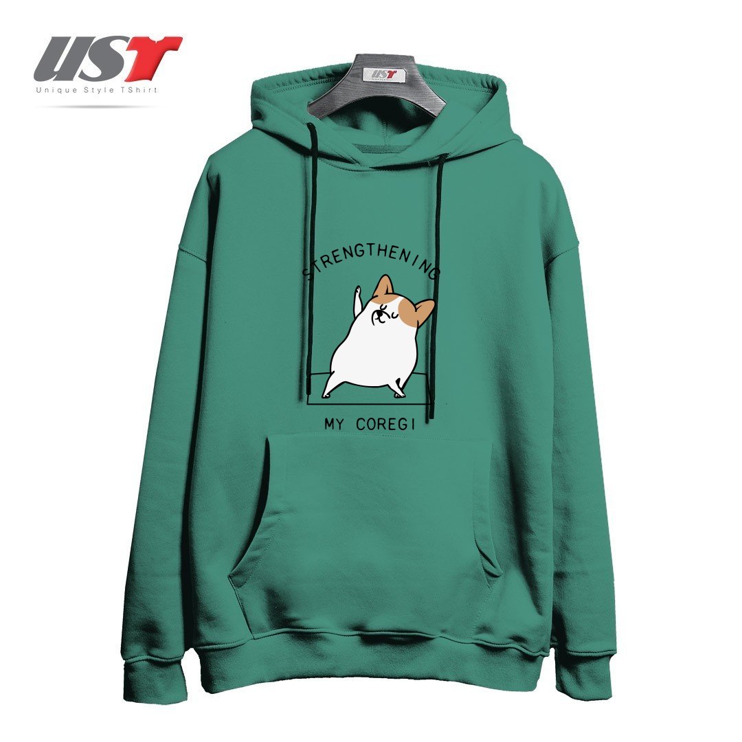 طرح STRENGTHENING MY COREGI هودی اورسایزرنگ سبز سدری