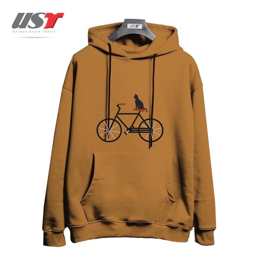 طرح CAT RIDING BIKE هودی اورسایزرنگ نسکافه ای