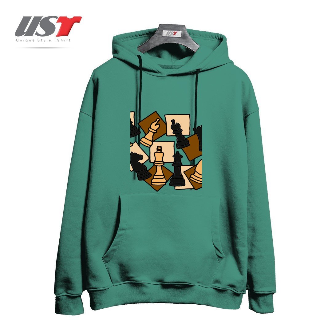 طرح COOL CHESS PIECES CHESS GAME ABSTRACT ART هودی اورسایزرنگ سبز سدری