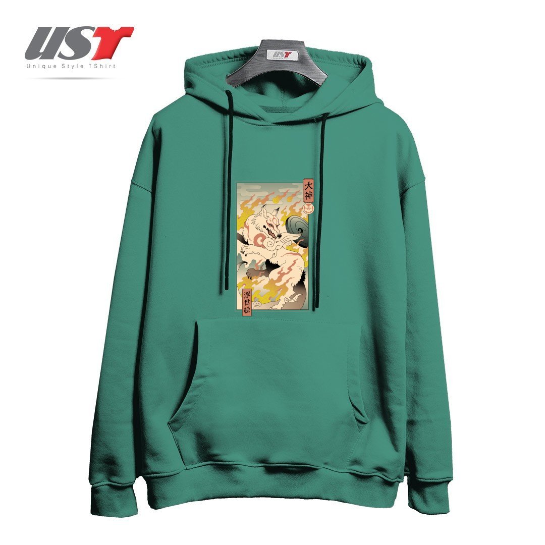 طرح MOUNTAIN WOLF هودی اورسایزرنگ سبز سدری