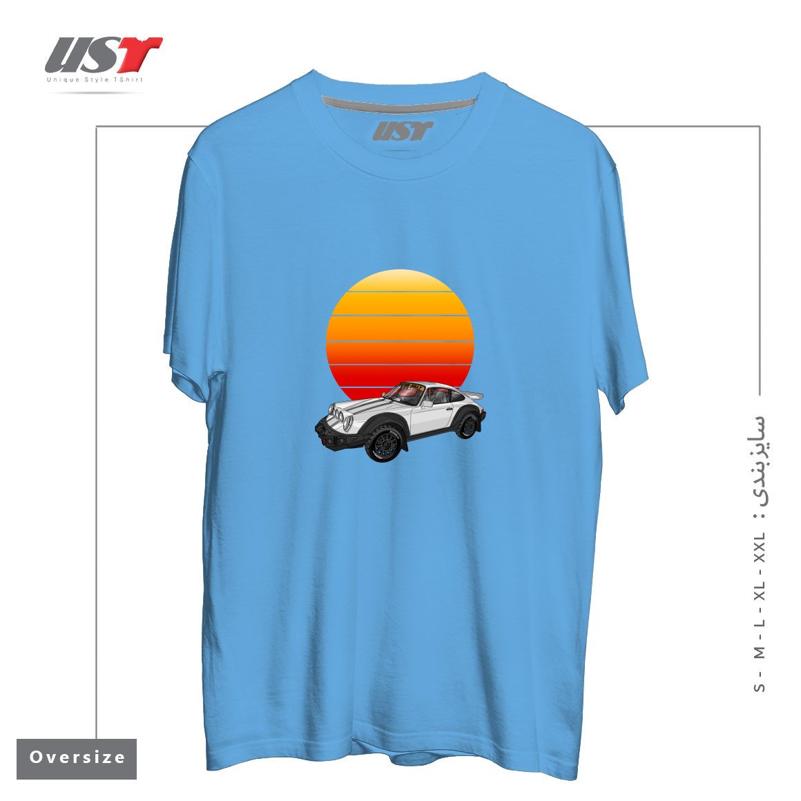 طرح 911 CARRERA SAFARI RALLY SPORTS CAR SUNSET تیشرت اورسایزرنگ آبی روشن
