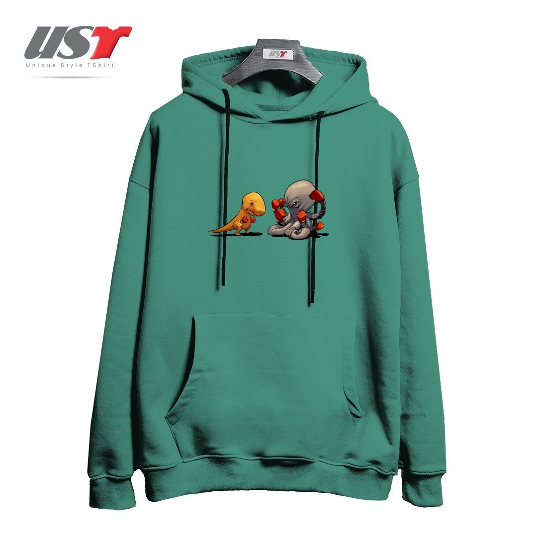 طرح T-REX VS OCTOPUS هودی اورسایزرنگ سبز سدری