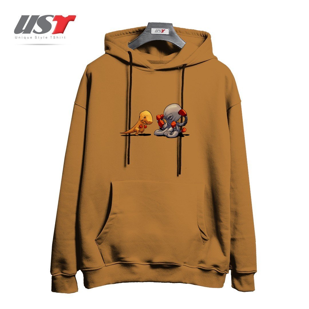 طرح T-REX VS OCTOPUS هودی اورسایزرنگ نسکافه ای