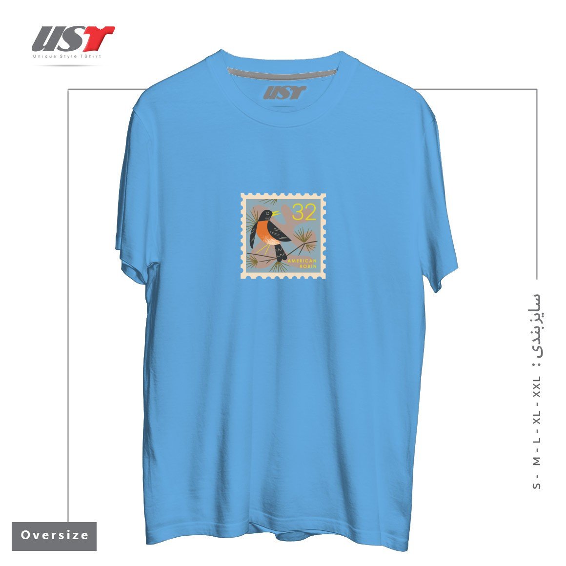 طرح ROBIN POSTAGE STAMP تیشرت اورسایزرنگ آبی روشن