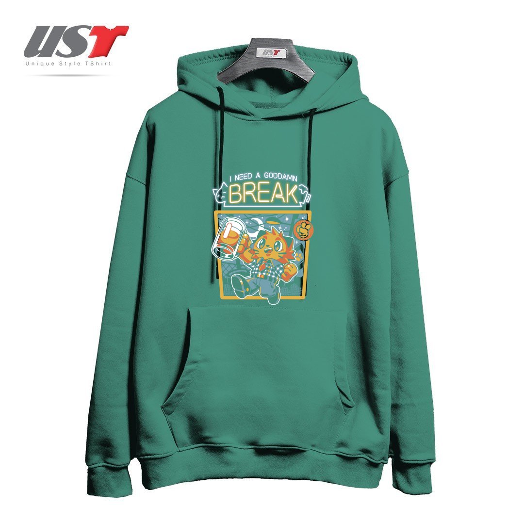 طرح I NEED A BREAK هودی اورسایزرنگ سبز سدری