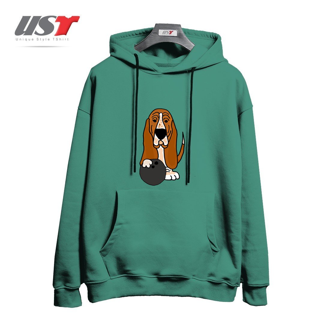 طرح FUNNY BASSET HOUND DOG BOWLING CARTOON هودی اورسایزرنگ سبز سدری