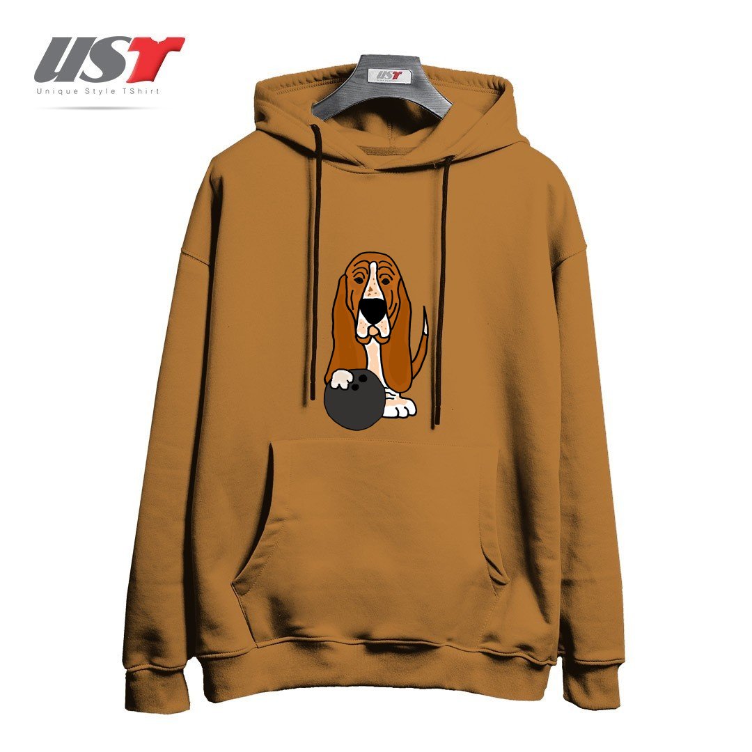 طرح FUNNY BASSET HOUND DOG BOWLING CARTOON هودی اورسایزرنگ نسکافه ای