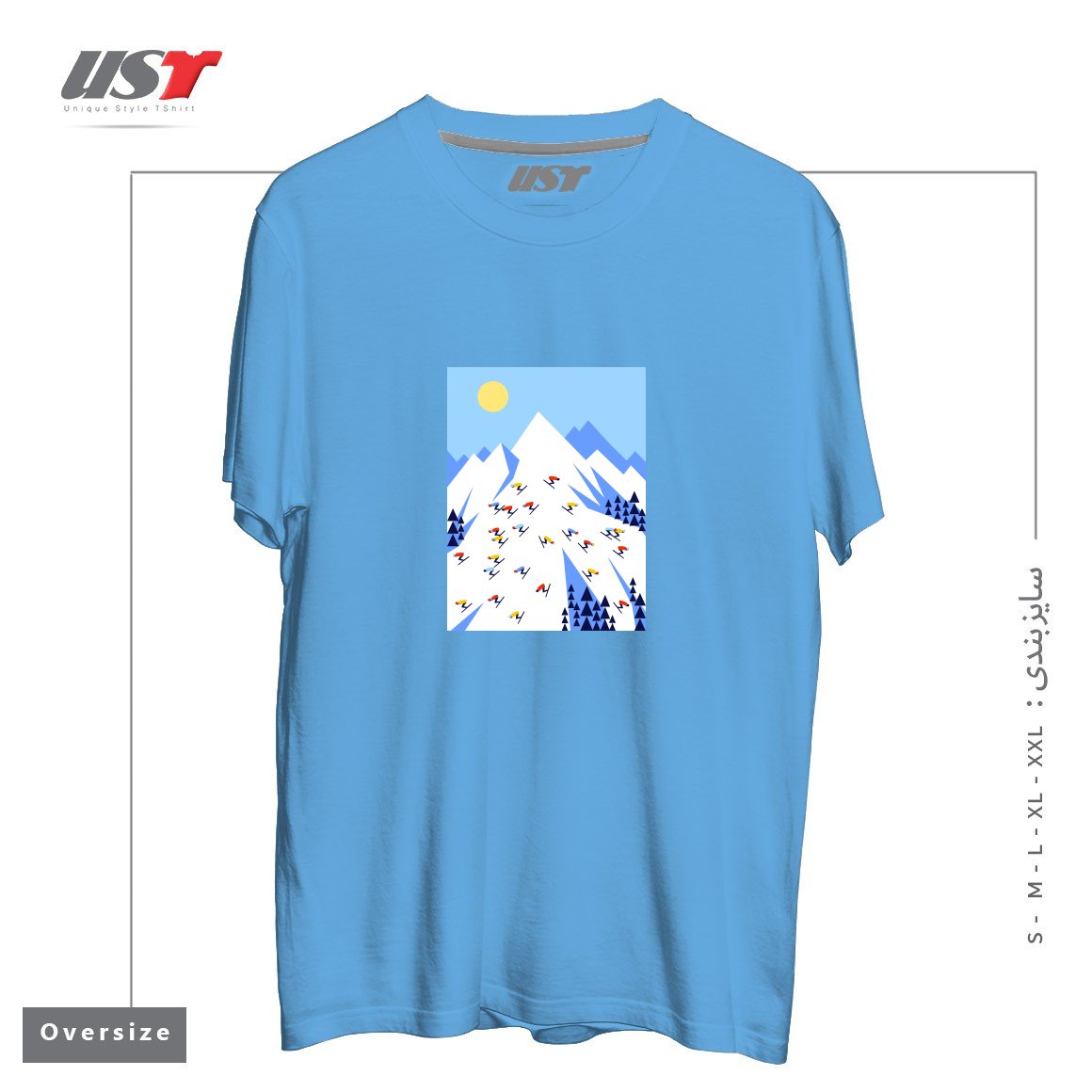 طرح THE MOUNTAINS. PERFECT DAY! تیشرت اورسایزرنگ آبی روشن