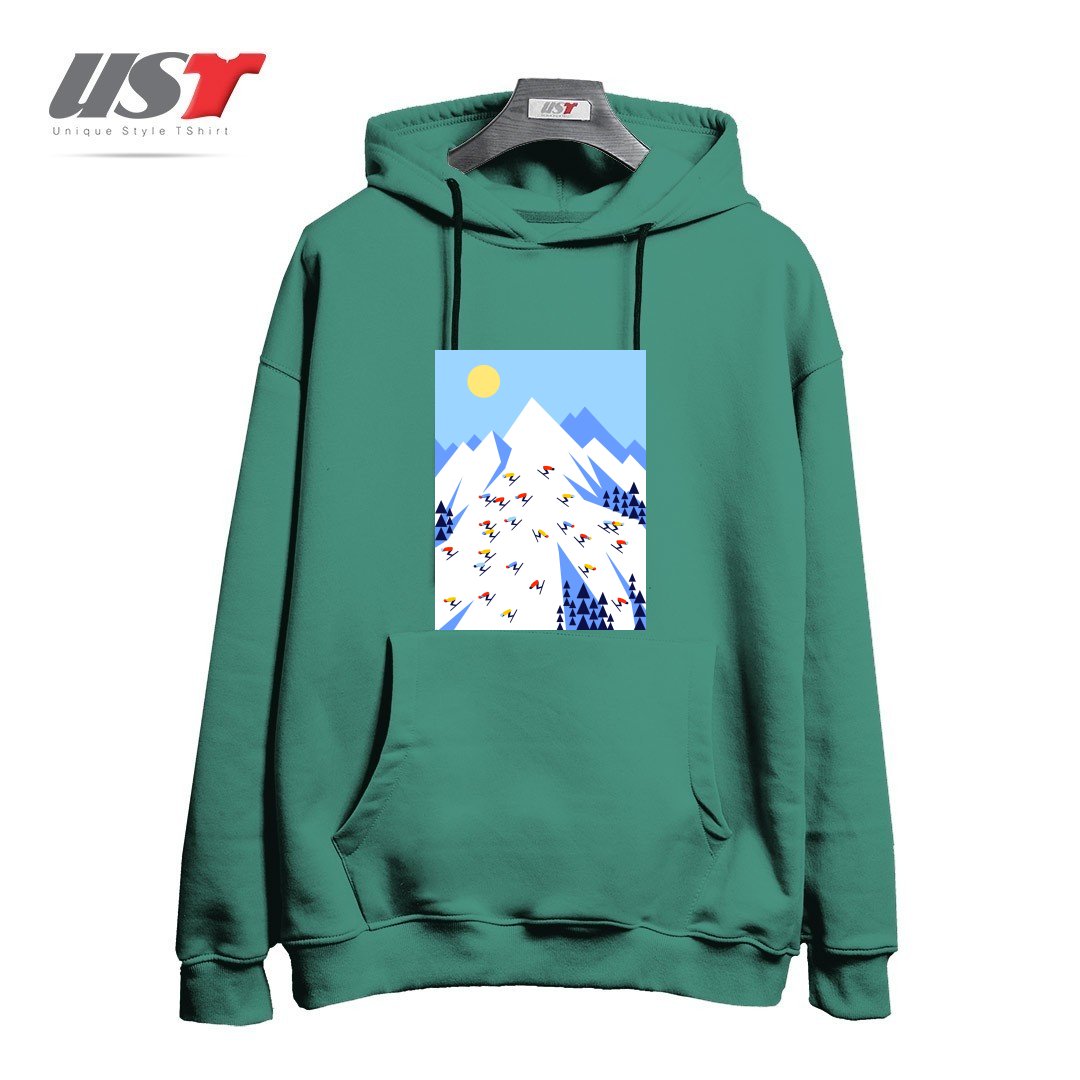طرح THE MOUNTAINS. PERFECT DAY! هودی اورسایزرنگ سبز سدری