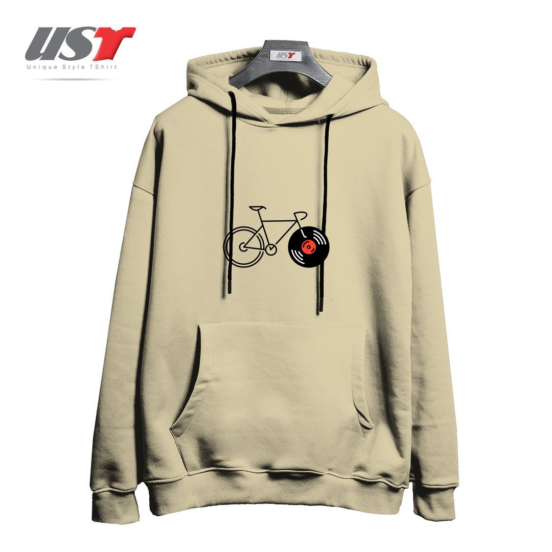 طرح BICYCLE VINYL RECORD هودی اورسایزرنگ نخودی