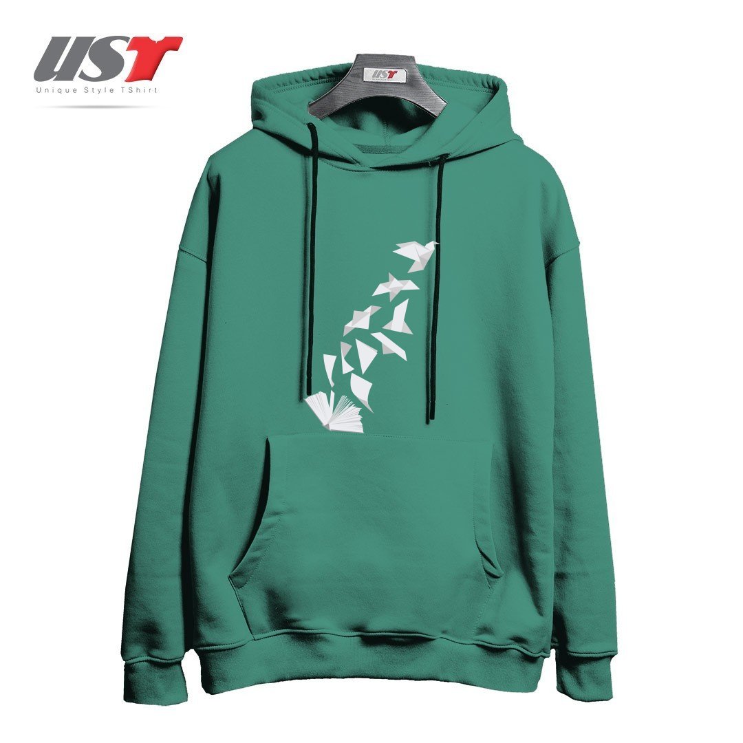 طرح BOOK TO BIRD هودی اورسایزرنگ سبز سدری