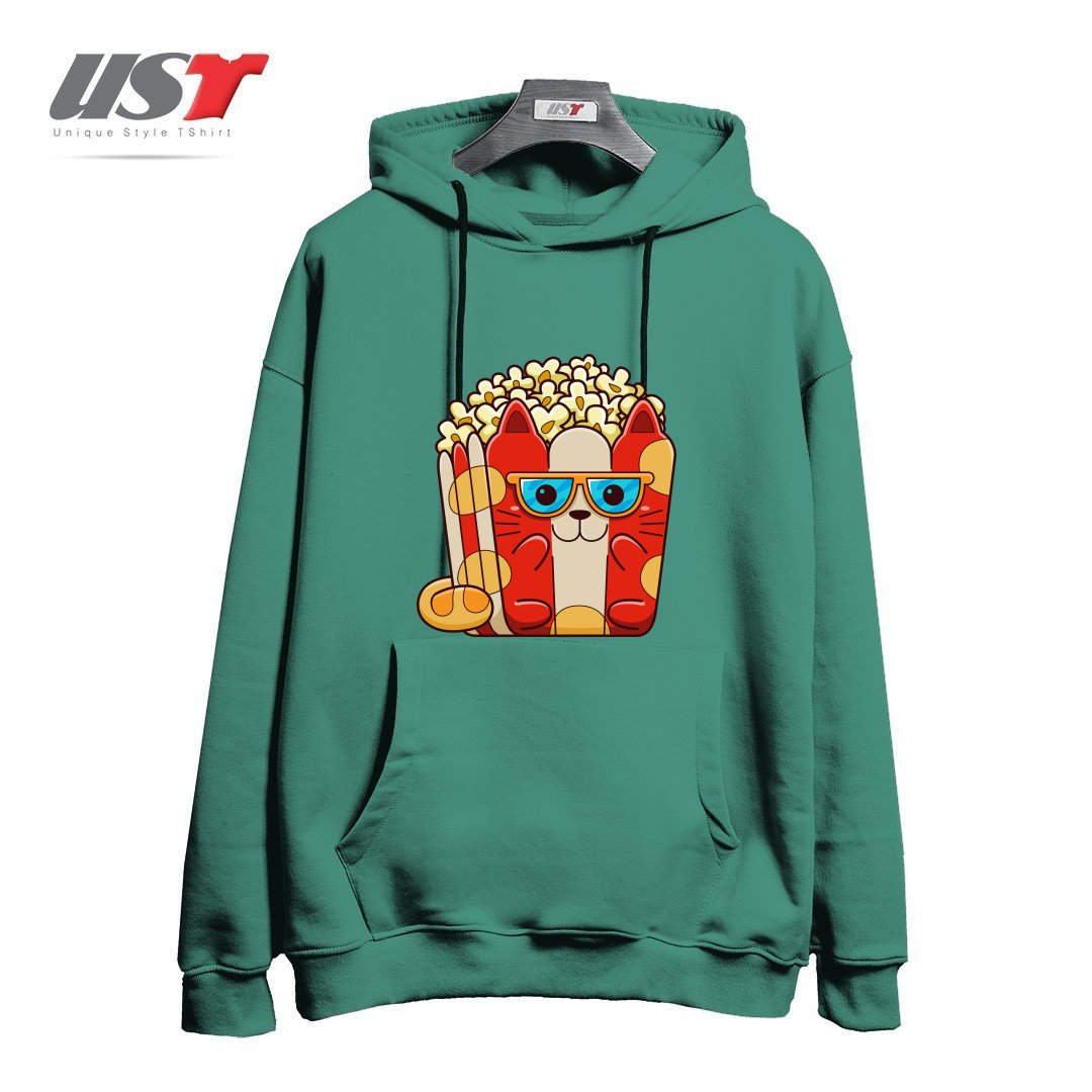 طرح CAT POPCORN هودی اورسایزرنگ سبز سدری