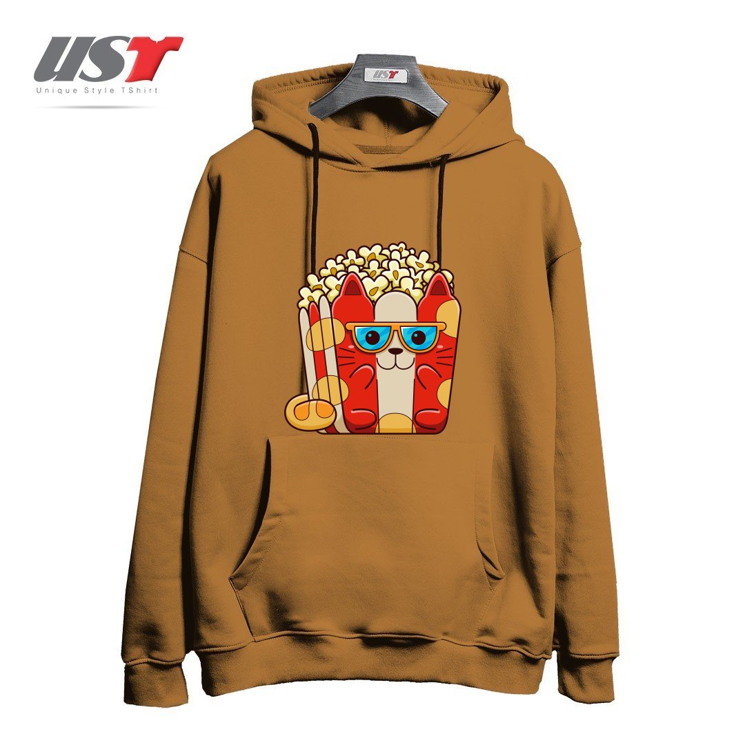 طرح CAT POPCORN هودی اورسایزرنگ نسکافه ای