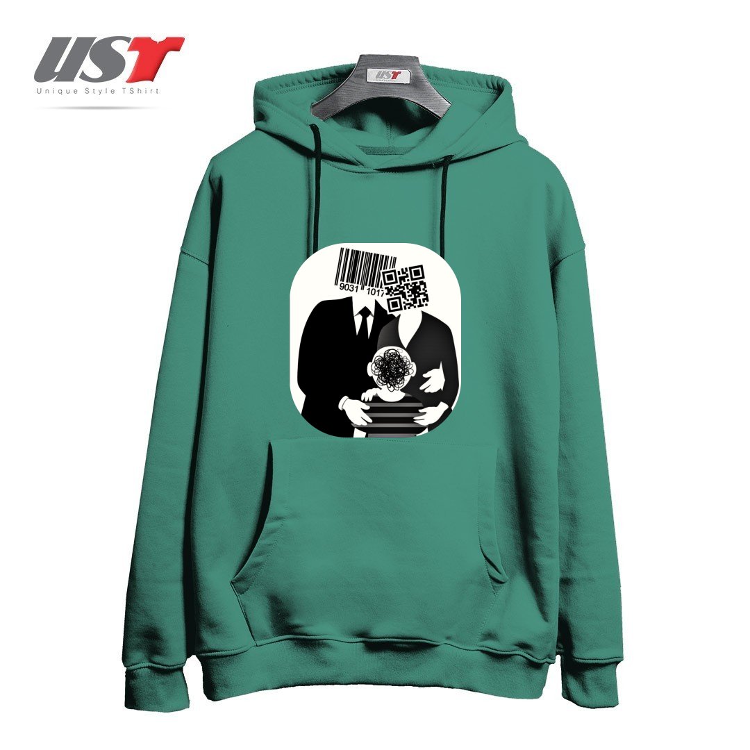 طرح QR CODE FAMILY هودی اورسایزرنگ سبز سدری