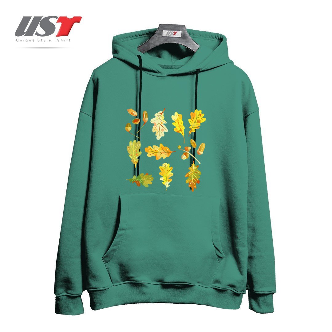 طرح OAK LEAVES AND ACORNS DARK هودی اورسایزرنگ سبز سدری