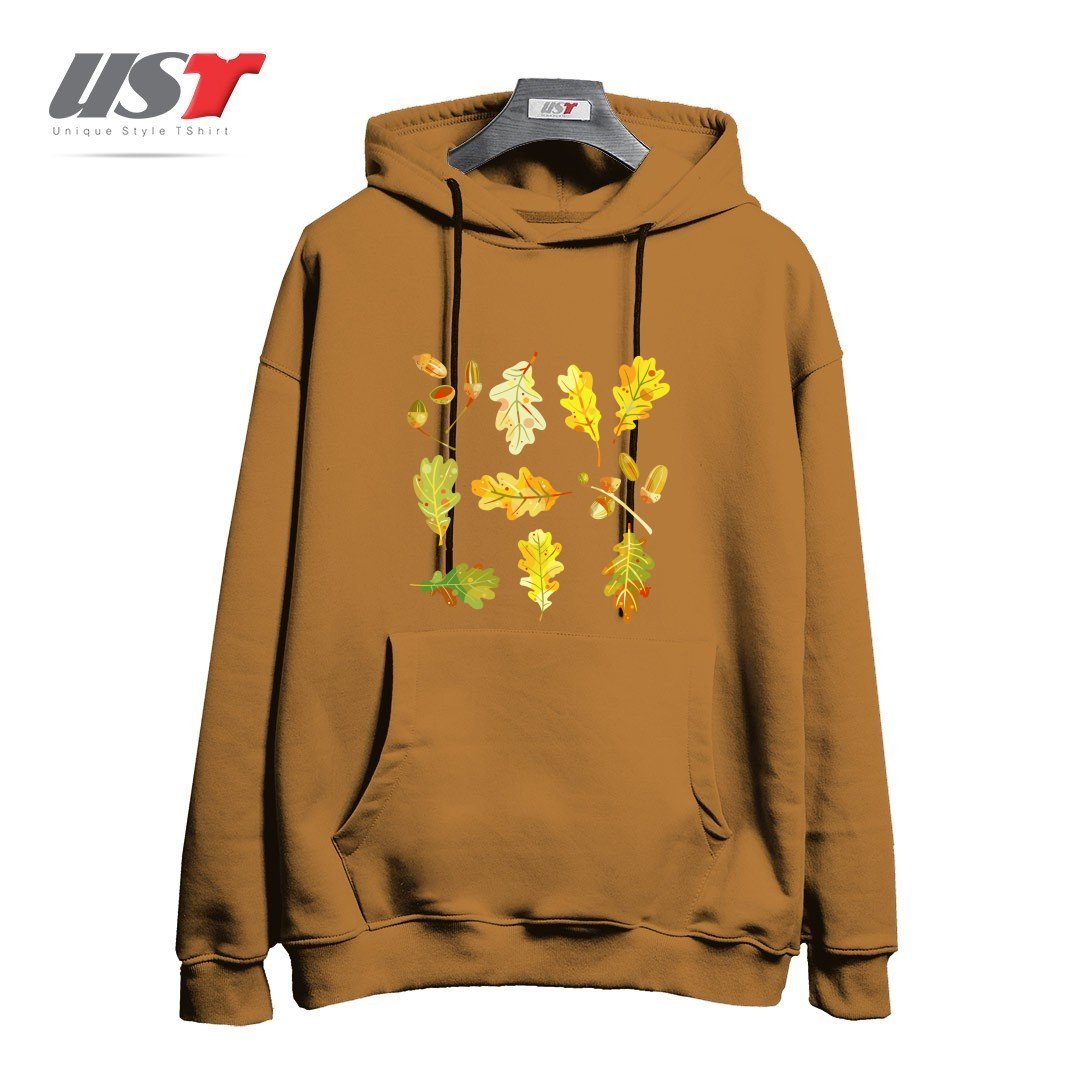 طرح OAK LEAVES AND ACORNS DARK هودی اورسایزرنگ نسکافه ای