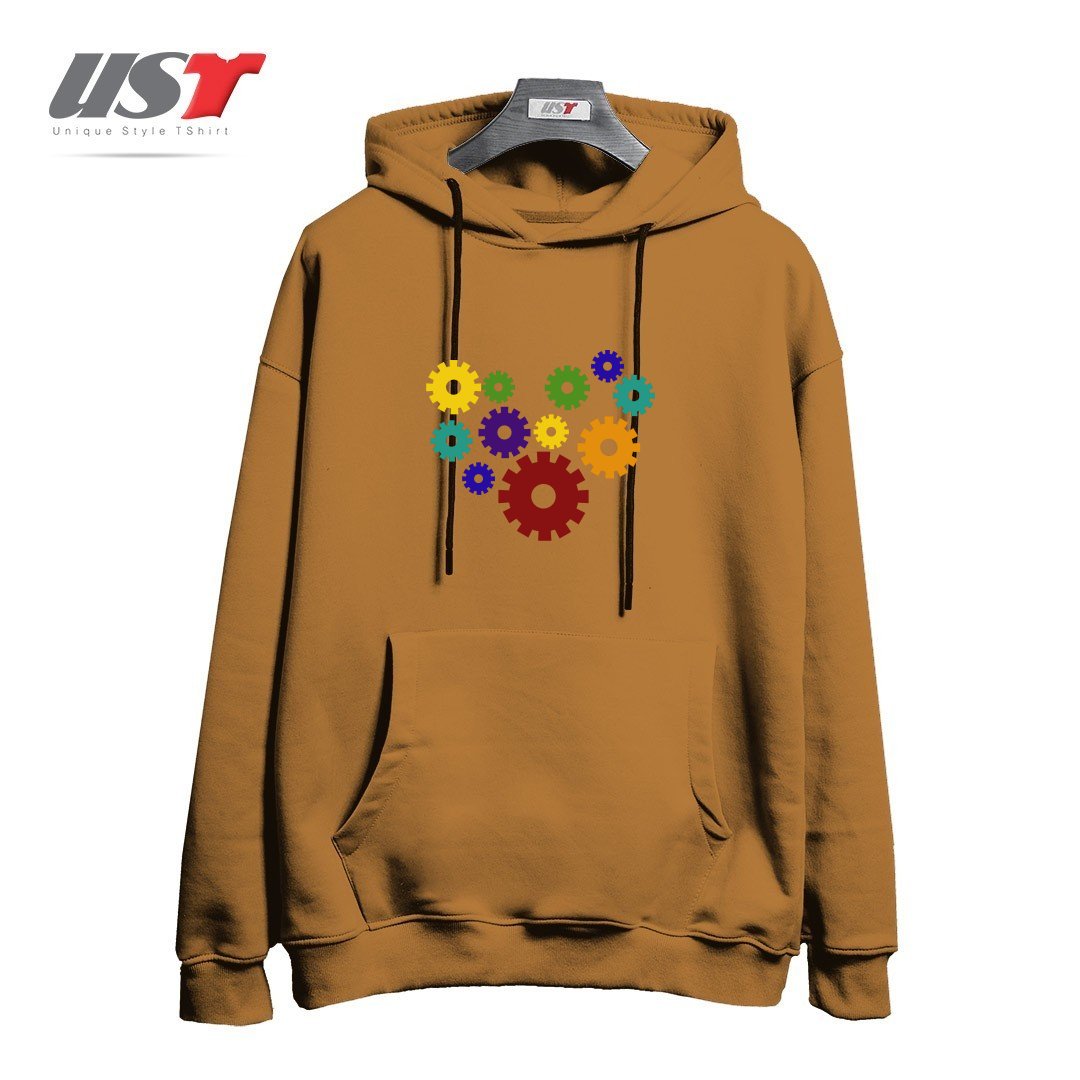 طرح RAINBOW GEARS هودی اورسایزرنگ نسکافه ای