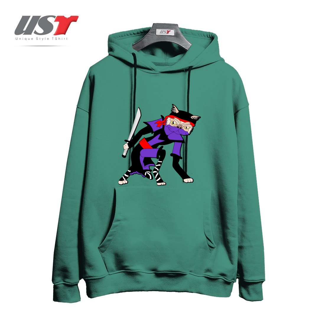 طرح GRUMPY NINJA CAT هودی اورسایزرنگ سبز سدری