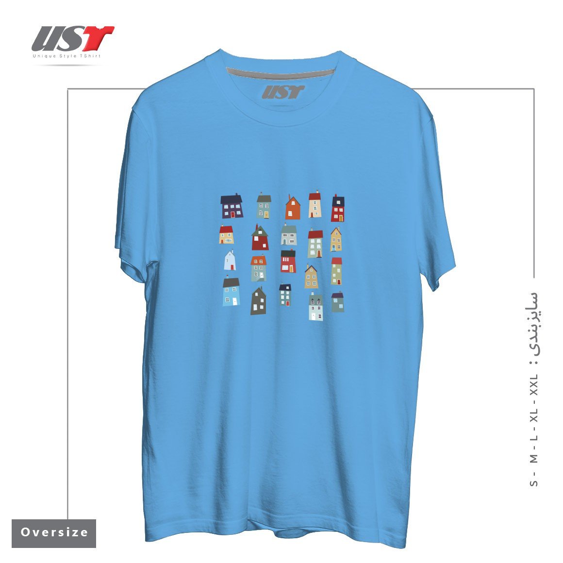 طرح LITTLE HOUSES تیشرت اورسایزرنگ آبی روشن