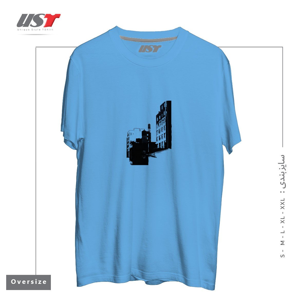 طرح TOWER BUILDING OUTLINE تیشرت اورسایزرنگ آبی روشن