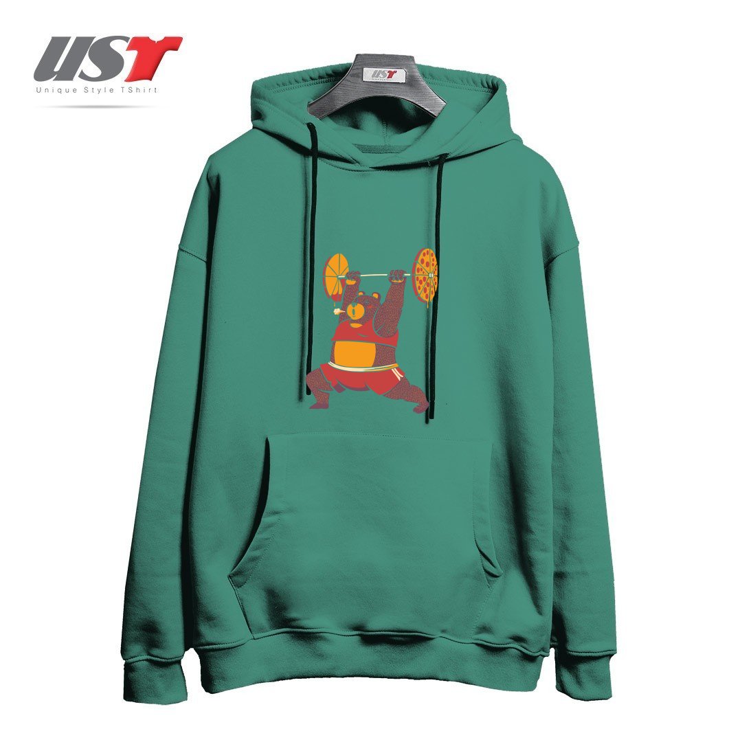 هودی اورسایز طرح SQUAT BEAR GYM I LOVE TO EAT PIZZA
