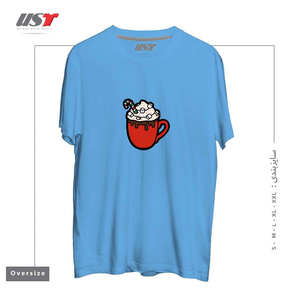 طرح FESTIVE HOT COCOA تیشرت اورسایزرنگ آبی روشن