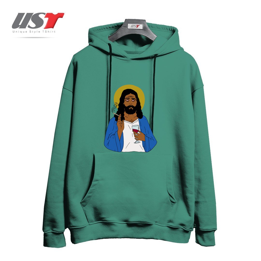 طرح EMOTIONALLY EXHAUSTED INTOXICATED JESUS هودی اورسایزرنگ سبز سدری