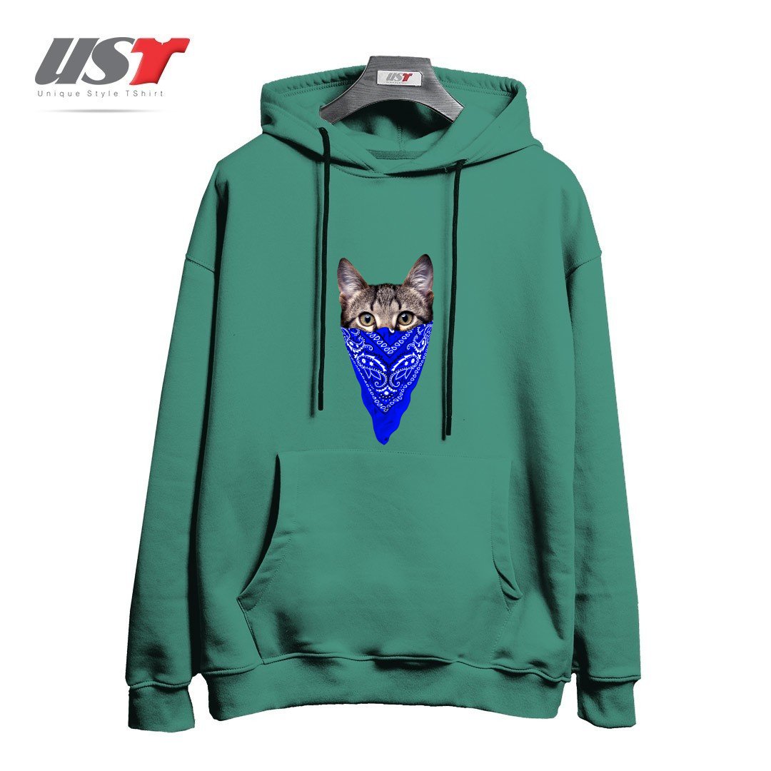 طرح GANGSTER CAT (BLUE BANDANA) هودی اورسایزرنگ سبز سدری