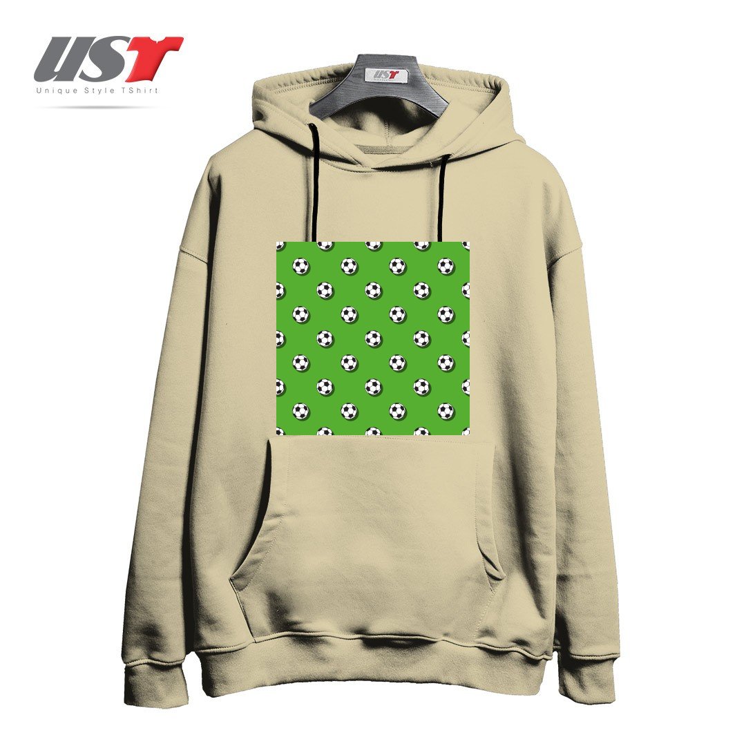 طرح WHITE CLASSIC BALL FOR SOCCER (FOOTBALL) PATTERN ON A GREEN BACKGROUND2 هودی اورسایزرنگ نخودی
