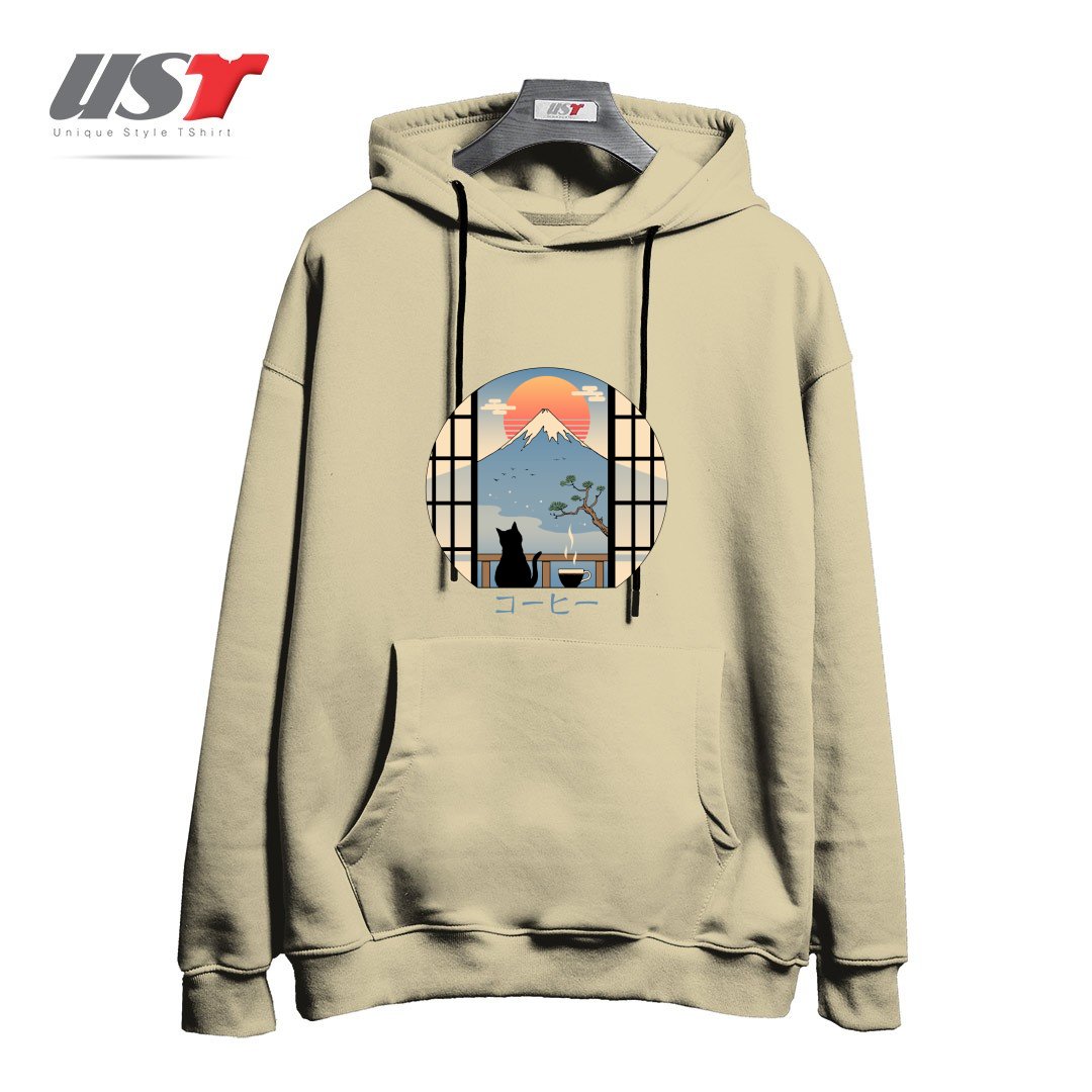 طرح COFFEE CAT IN MT. FUJI هودی اورسایزرنگ نخودی