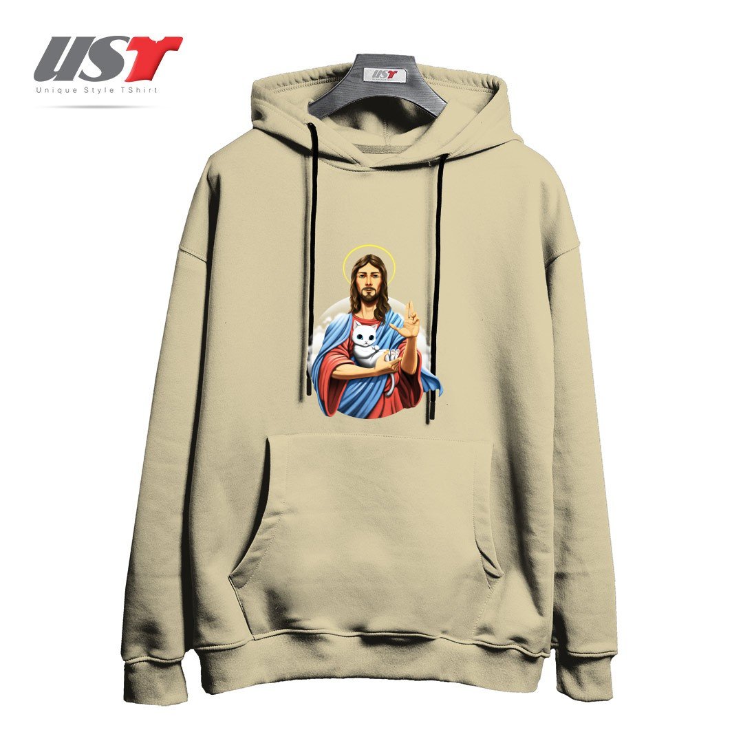 طرح JESUS CAT هودی اورسایزرنگ نخودی