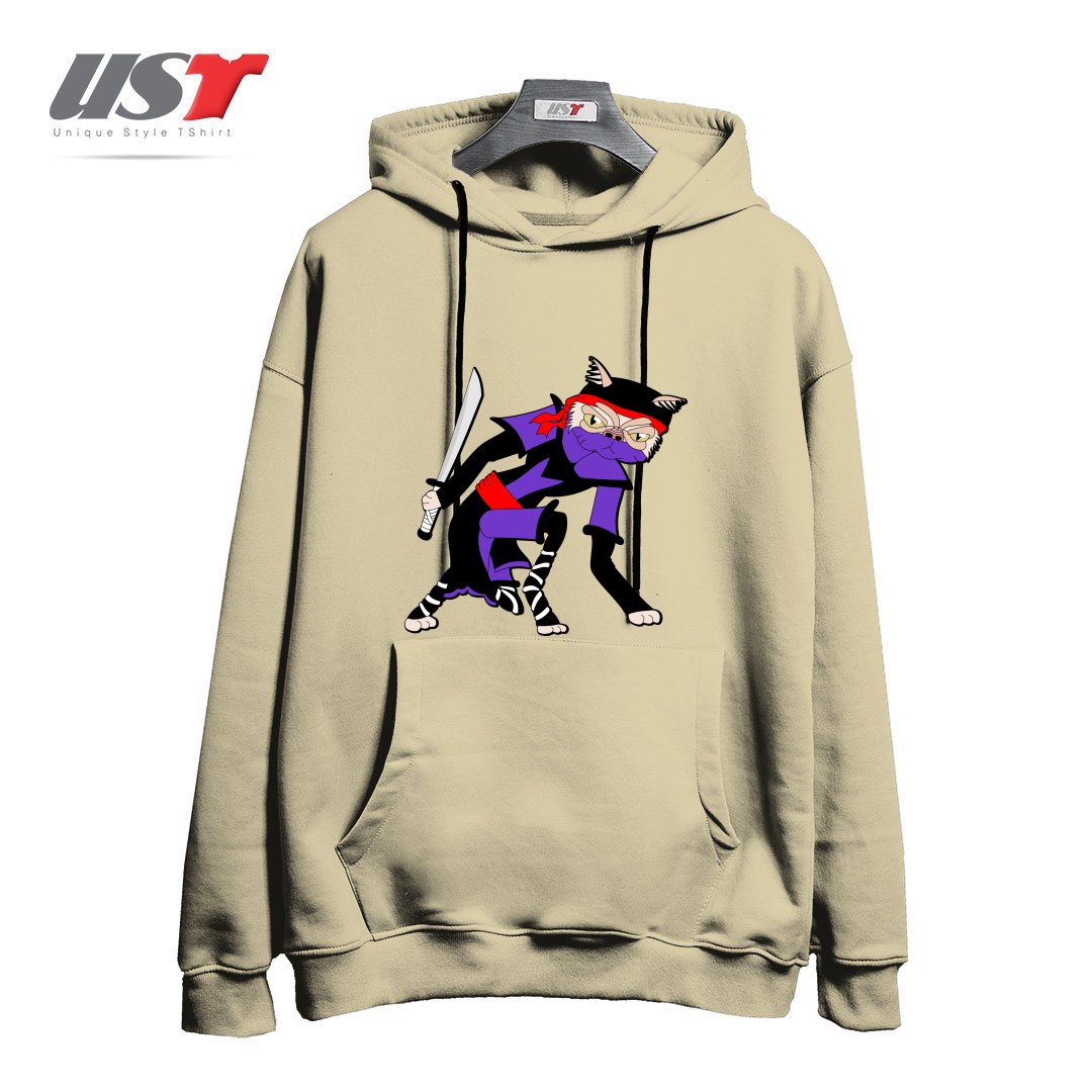 طرح GRUMPY NINJA CAT هودی اورسایزرنگ نخودی