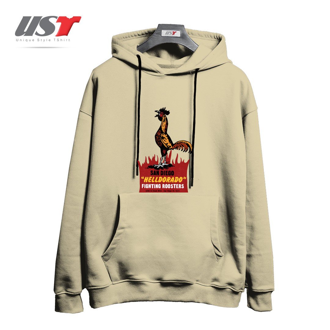 طرح VINTAGE FIGHTING ROOSTERS NC هودی اورسایزرنگ نخودی