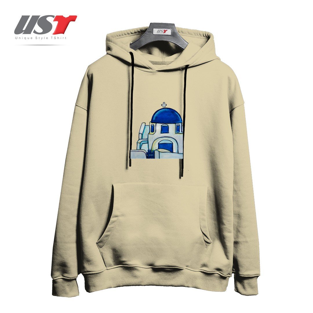 طرح HAND PAINTED WATERCOLOR SANTORINI CHURCH هودی اورسایزرنگ نخودی