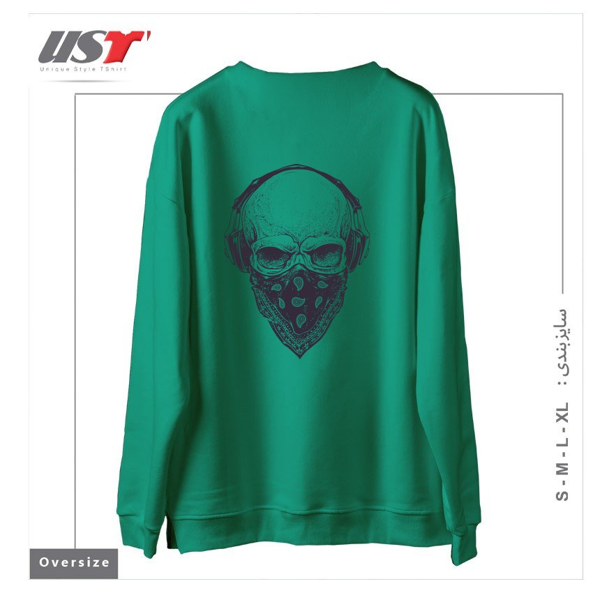 طرح SKULL WITH HEADPHONES سوییشرت اورسایزرنگ سبز سدری