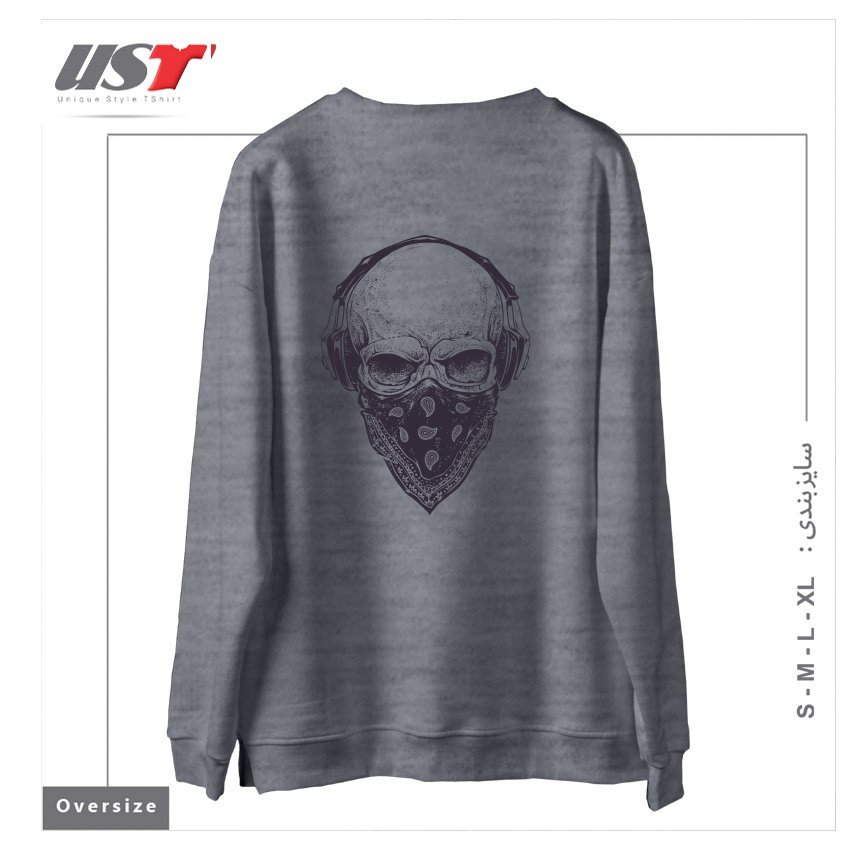 طرح SKULL WITH HEADPHONES سوییشرت اورسایزرنگ طوسی ملانژ