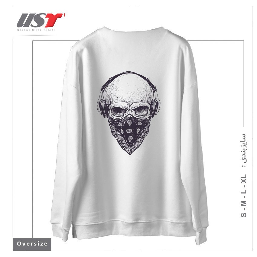 طرح SKULL WITH HEADPHONES سوییشرت اورسایزرنگ سفید