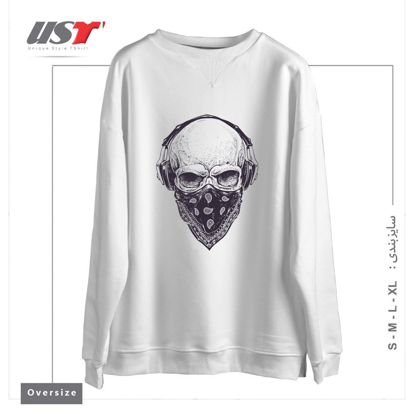 طرح SKULL WITH HEADPHONES سوییشرت اورسایزرنگ سفید