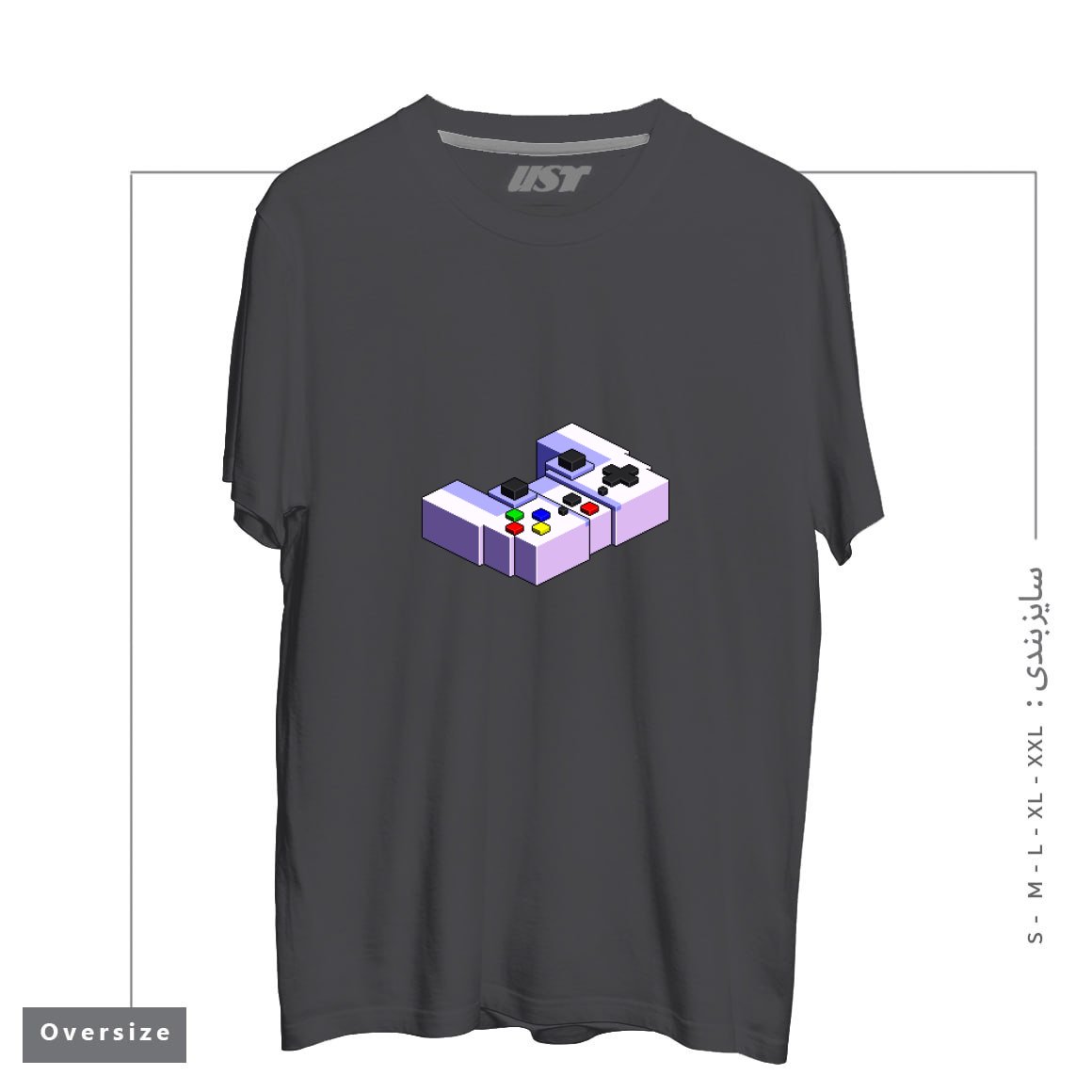 طرح GAME CONTROLLER PIXEL ART تیشرت اورسایزرنگ دودی