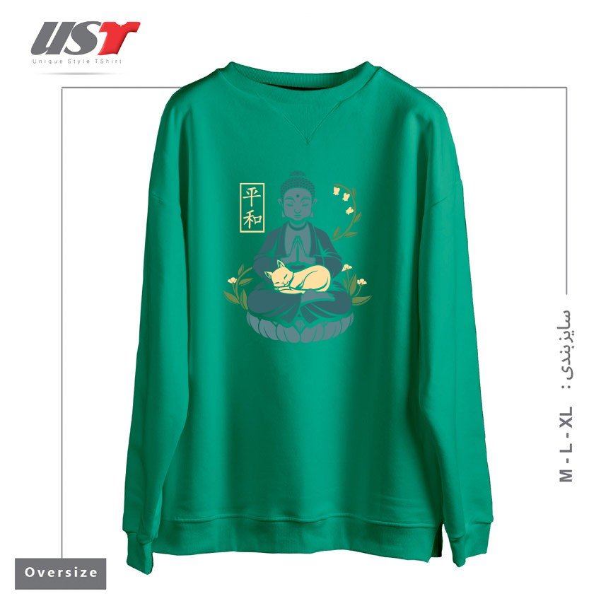 طرح CAT MEDITATION BUDDHISM BUDDHA سوییشرت اورسایزرنگ سبز سدری