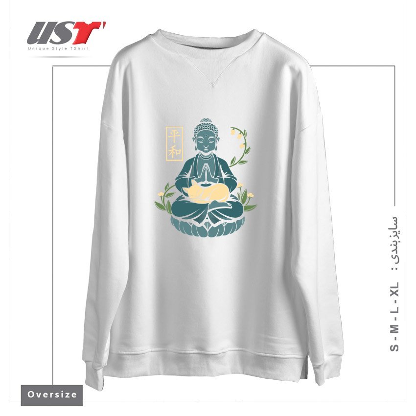 سوییشرت اورسایز طرح CAT MEDITATION BUDDHISM BUDDHA