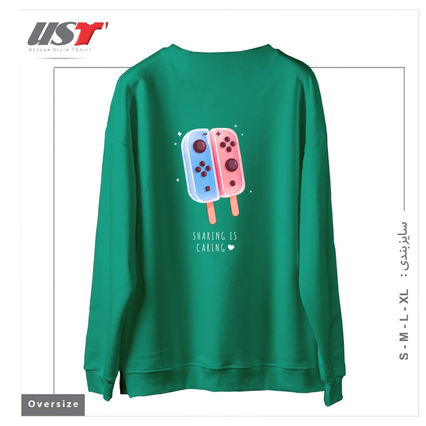 طرح SHARING IS CARING! سوییشرت اورسایزرنگ سبز سدری