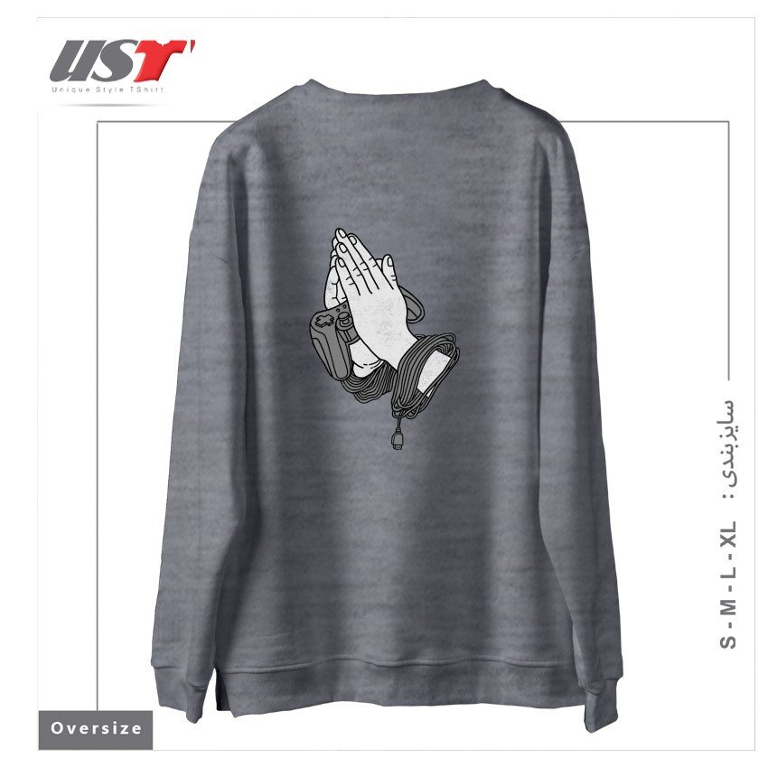 طرح PLAYING HANDS سوییشرت اورسایزرنگ طوسی ملانژ