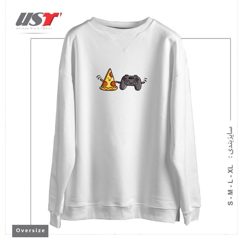 طرح PIZZA AND GAMES سوییشرت اورسایزرنگ سفید