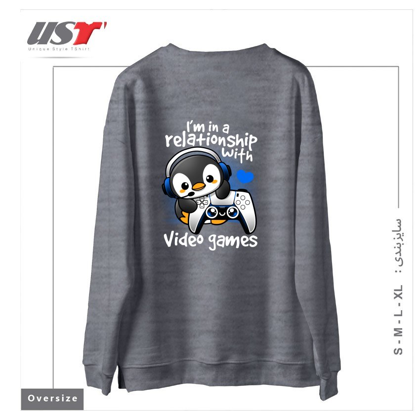 طرح PENGUIN RELATIONSHIP WITH VIDEO GAMES سوییشرت اورسایزرنگ طوسی ملانژ
