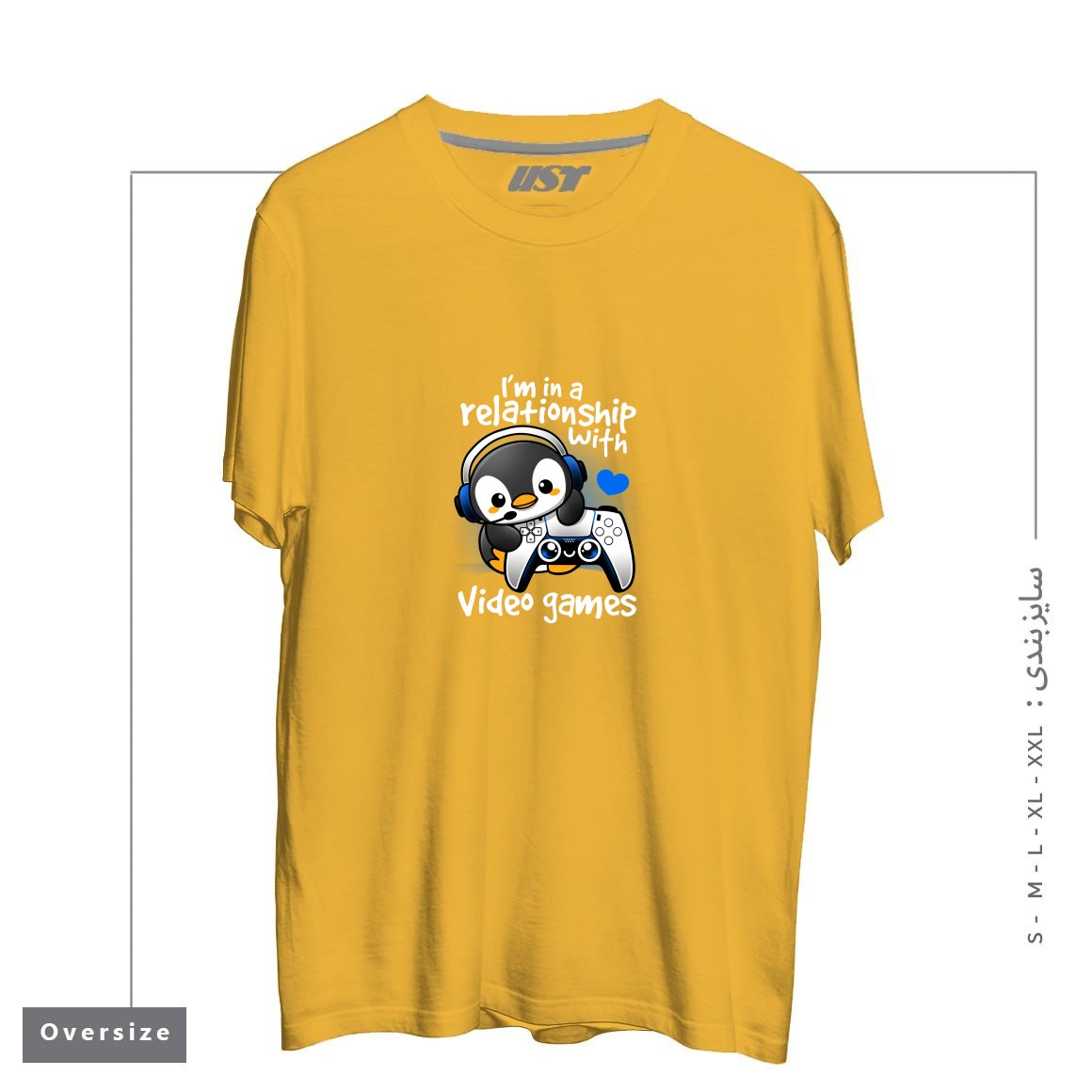 طرح PENGUIN RELATIONSHIP WITH VIDEO GAMES تیشرت اورسایزرنگ خردلی
