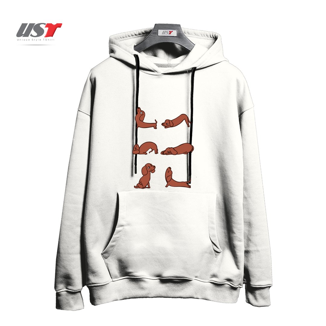 طرح DACHSHUND YOGA FOR LOWER BACK هودی اورسایزرنگ سفید